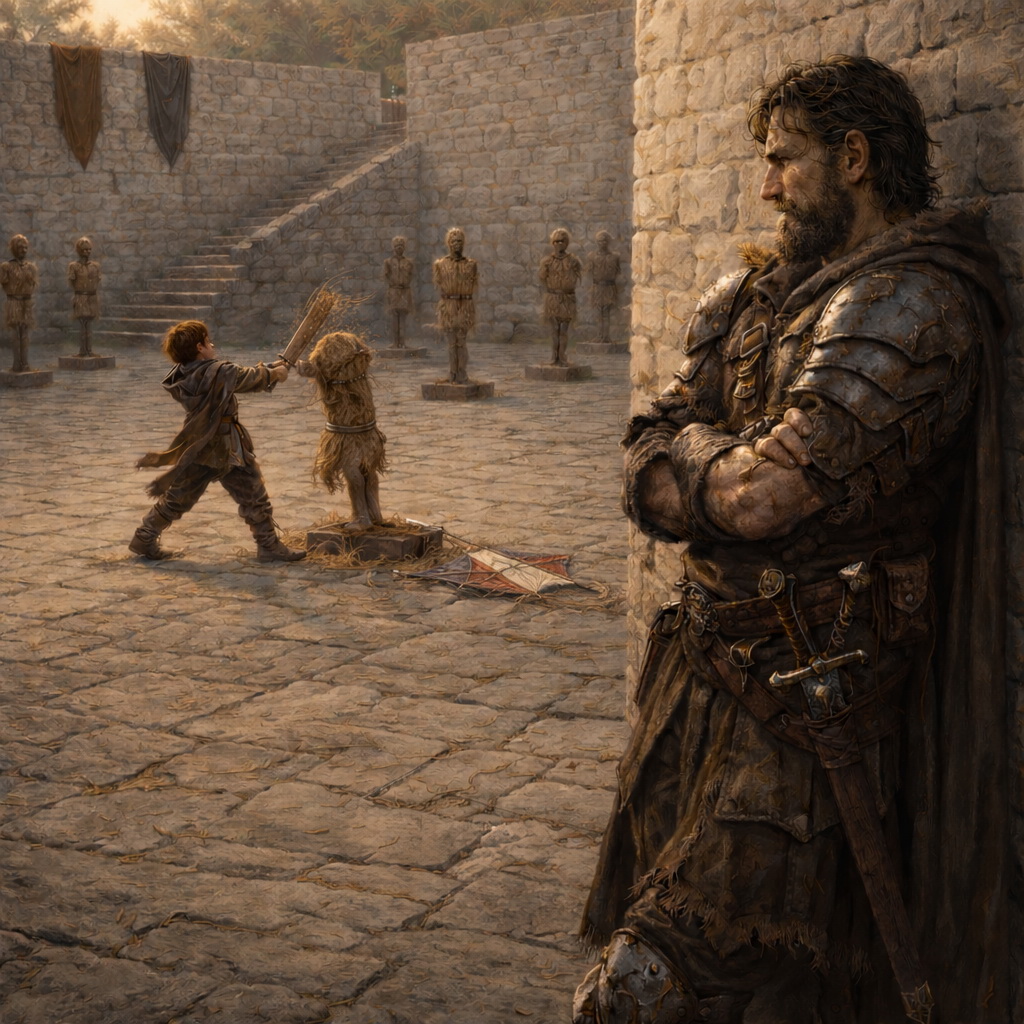 Наёмник наблюдает за тренировкой мальчика