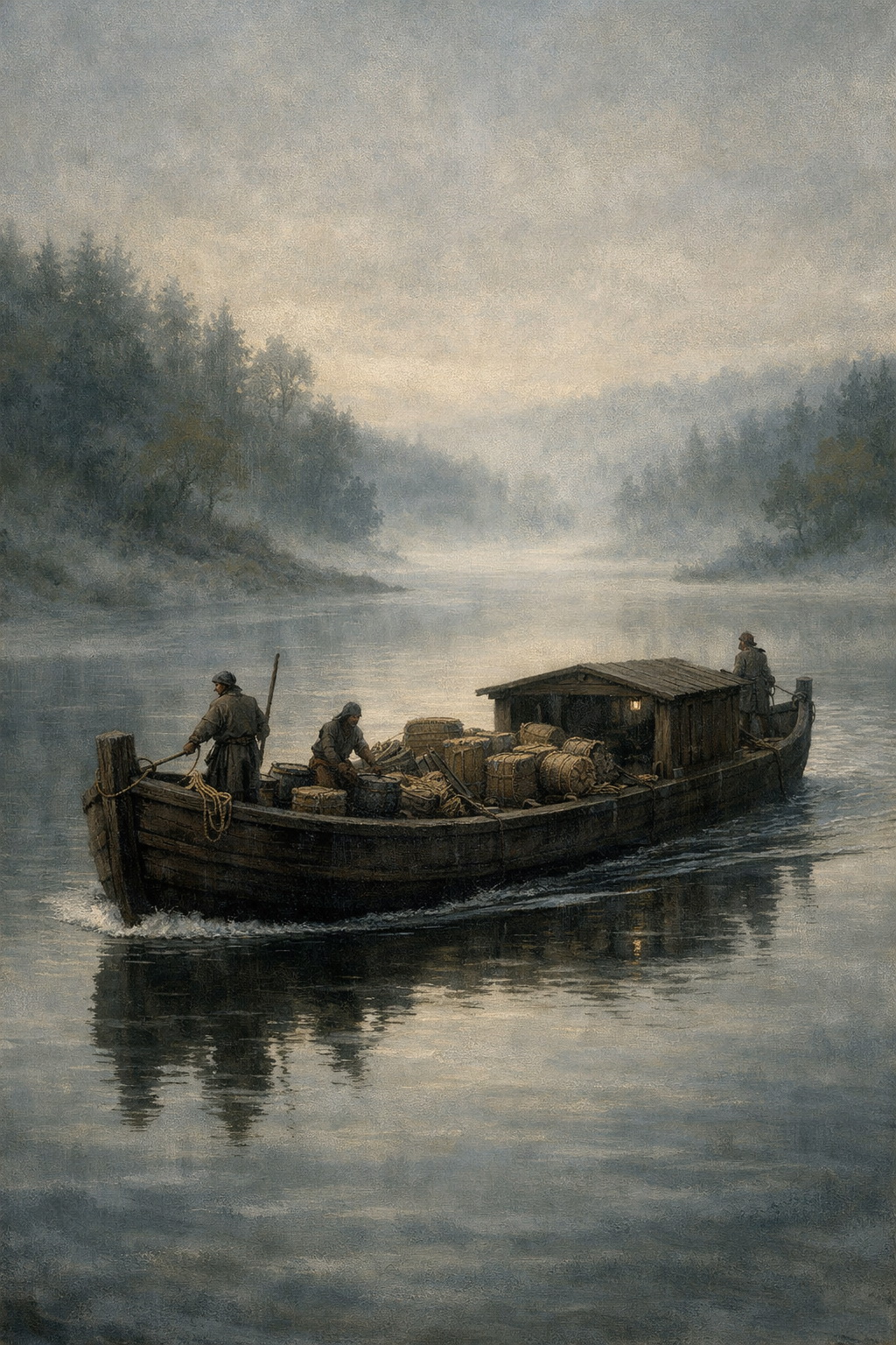 Баржа на реке Раувин и туман